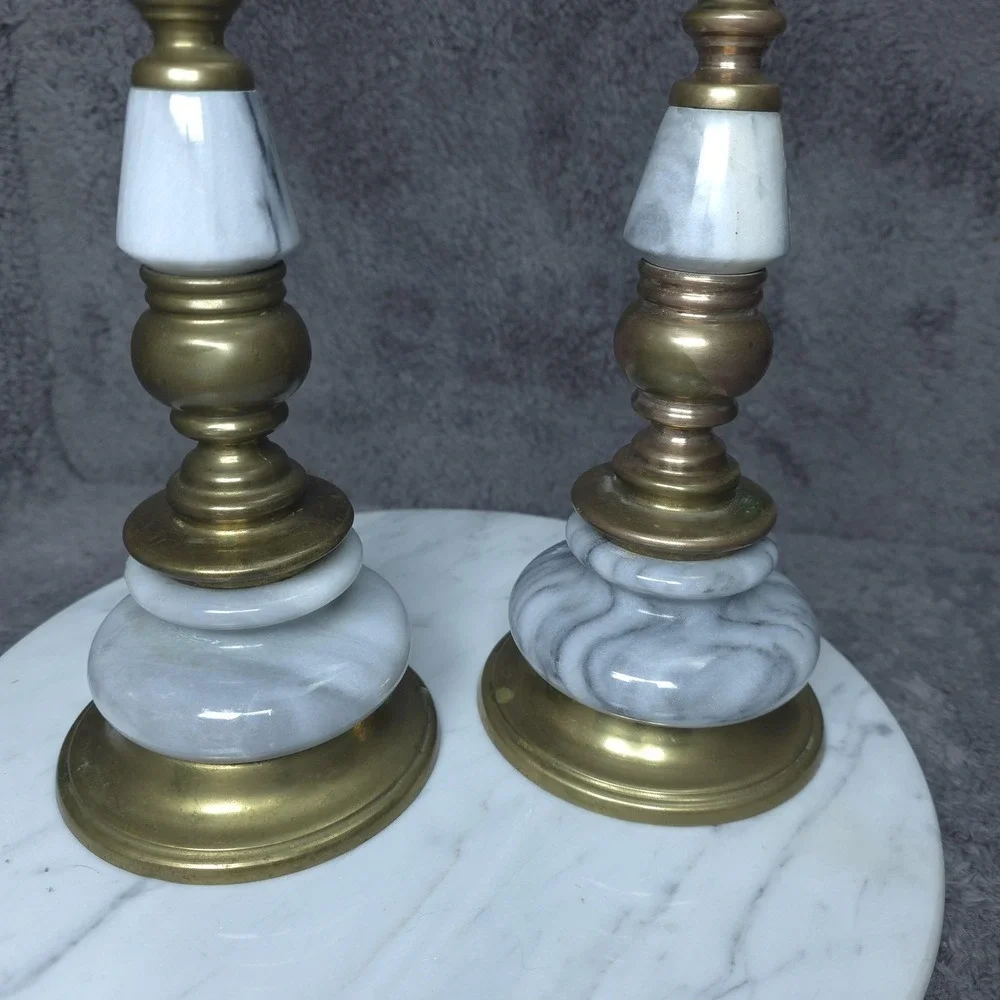 Vintage Brass Marble Candlestick Holders White Stone Taper Pillar Pair Decor 15
